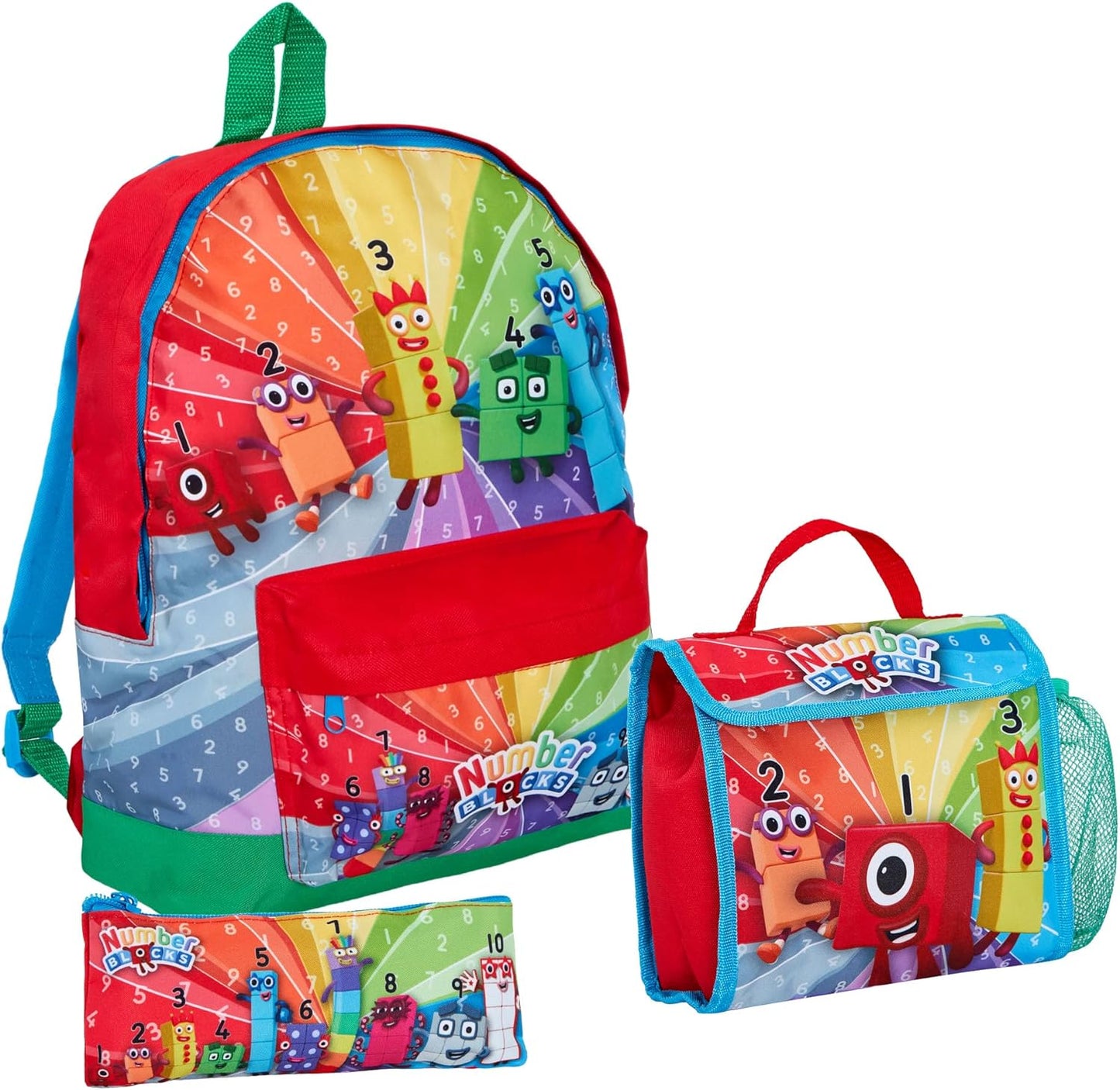 Numberblocks Backpack + Lunch Bag + Pencil Case Kids Unisex 3 Piece Nursey School Bag Set