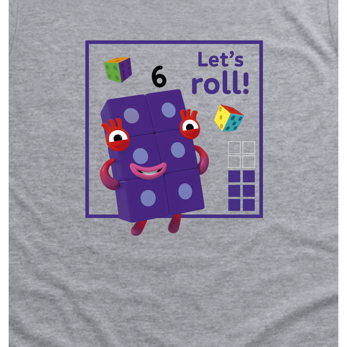 Numberblocks Six - Let's Roll Toddler T-Shirt, Sport Grey, artwork close-up