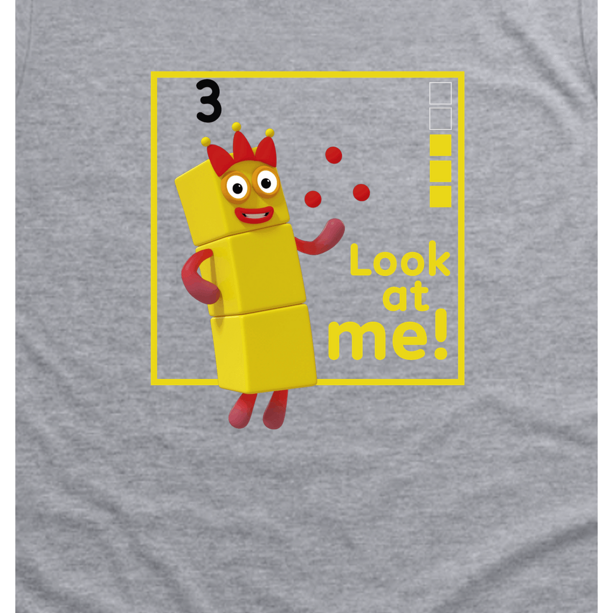 Numberblocks Three - Look at Me! Toddler T-Shirt, Sport Grey, artwork close-up